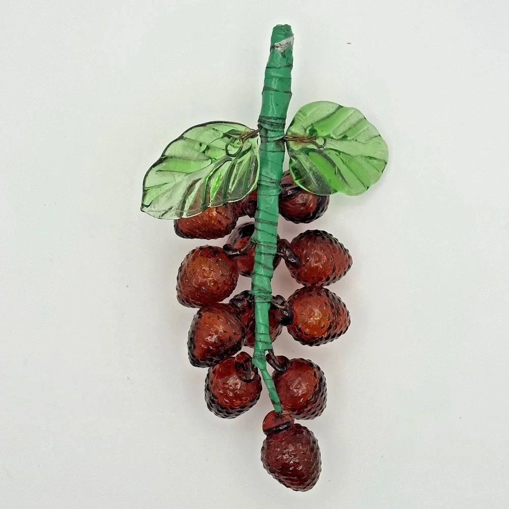 Textured Glass Berry Cluster Ornament Amber Red Green Leaves 6.5